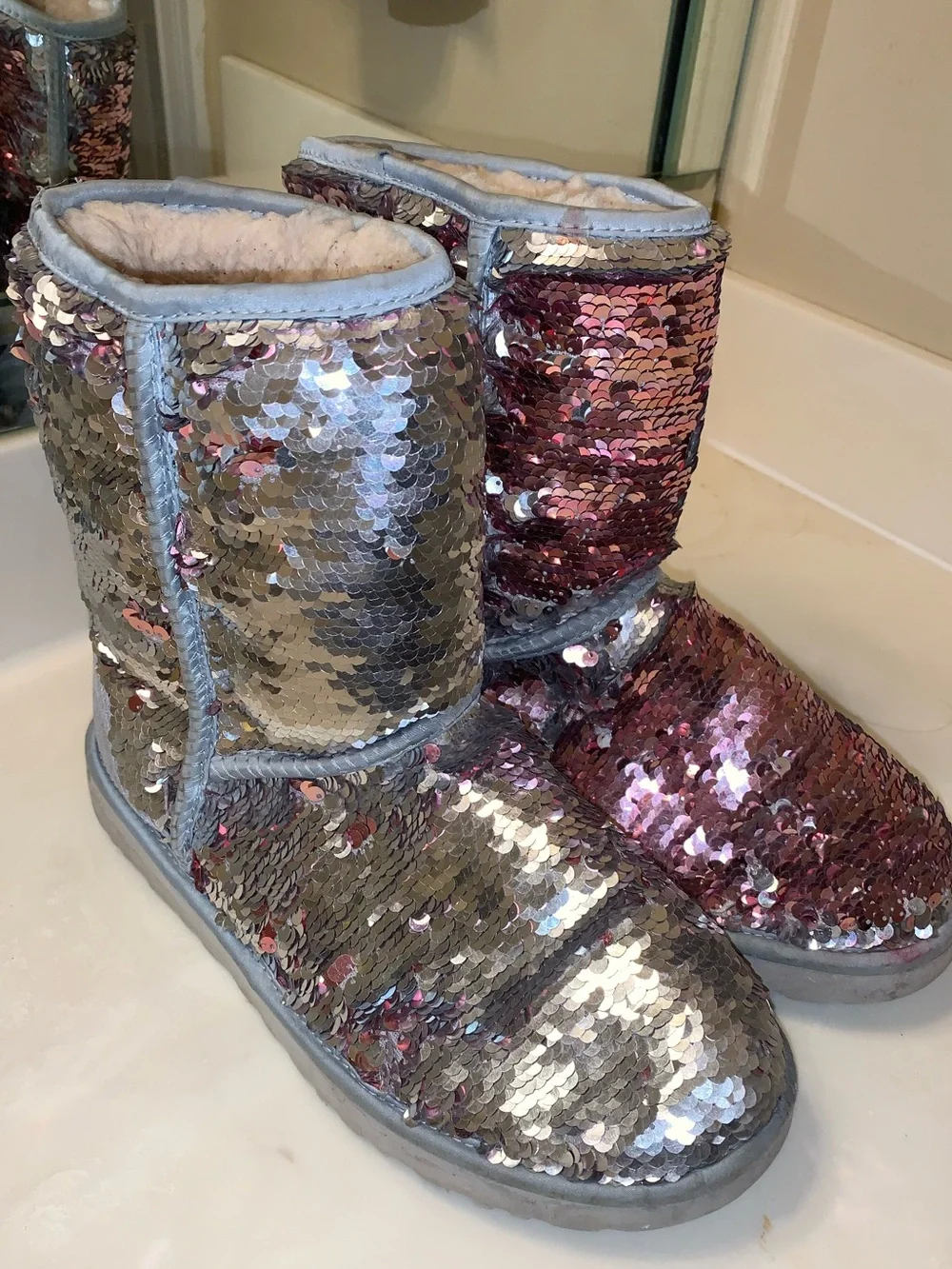 🍧Pink & Silver Cosmo Reversible sequined UGGs
